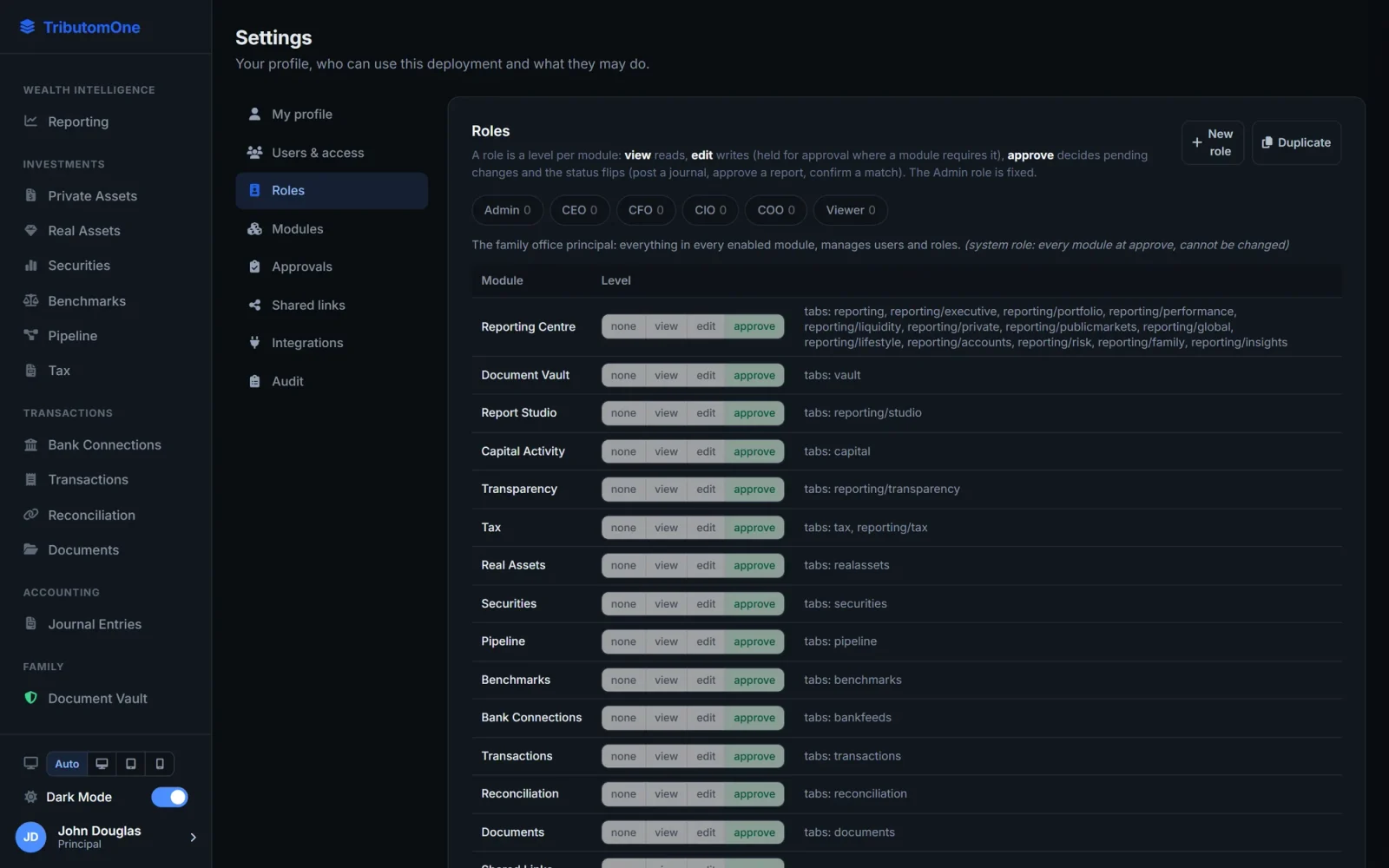 Tributom One Settings, Roles: each role's level - none, view, edit or approve - module by module