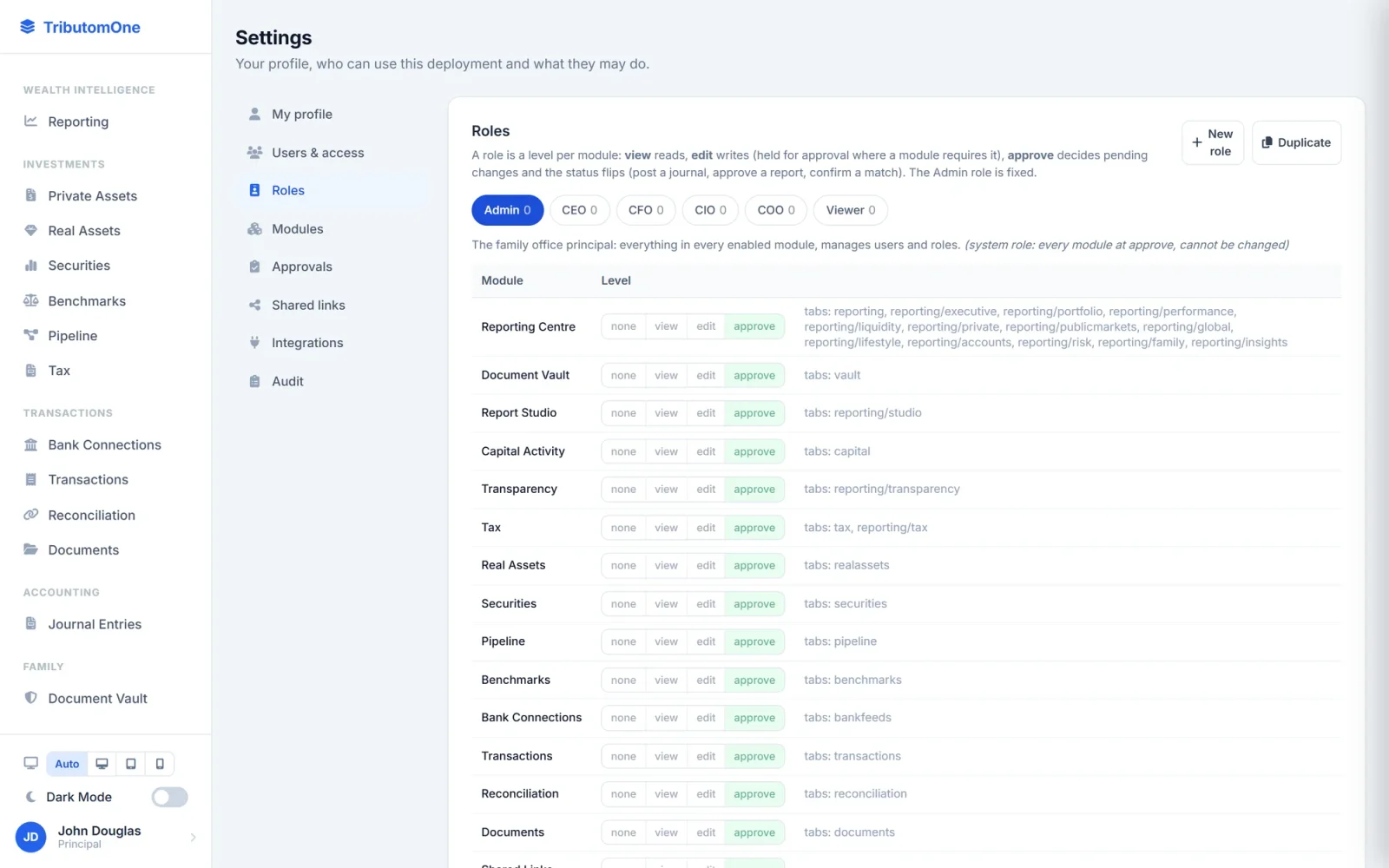 Tributom One Settings, Roles: each role's level - none, view, edit or approve - module by module